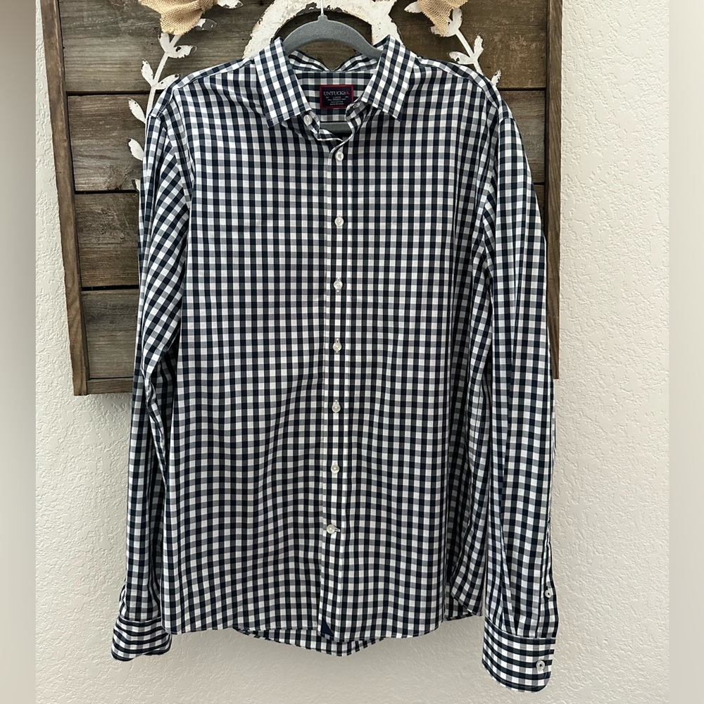 Untuckit Cesare navy blue gingham button down shirt men’s L Tall